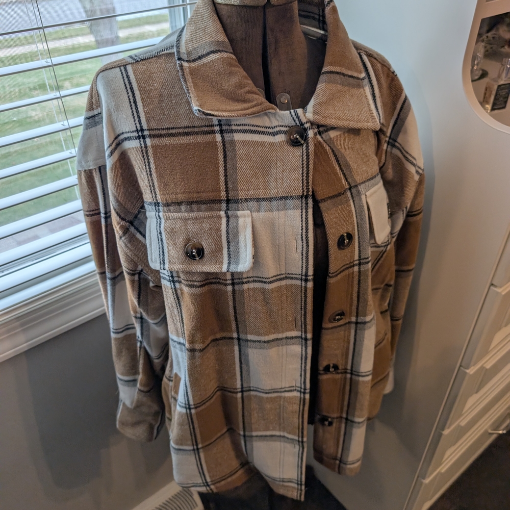 Mikarose Brown & Cream Plaid Shacket Jacket